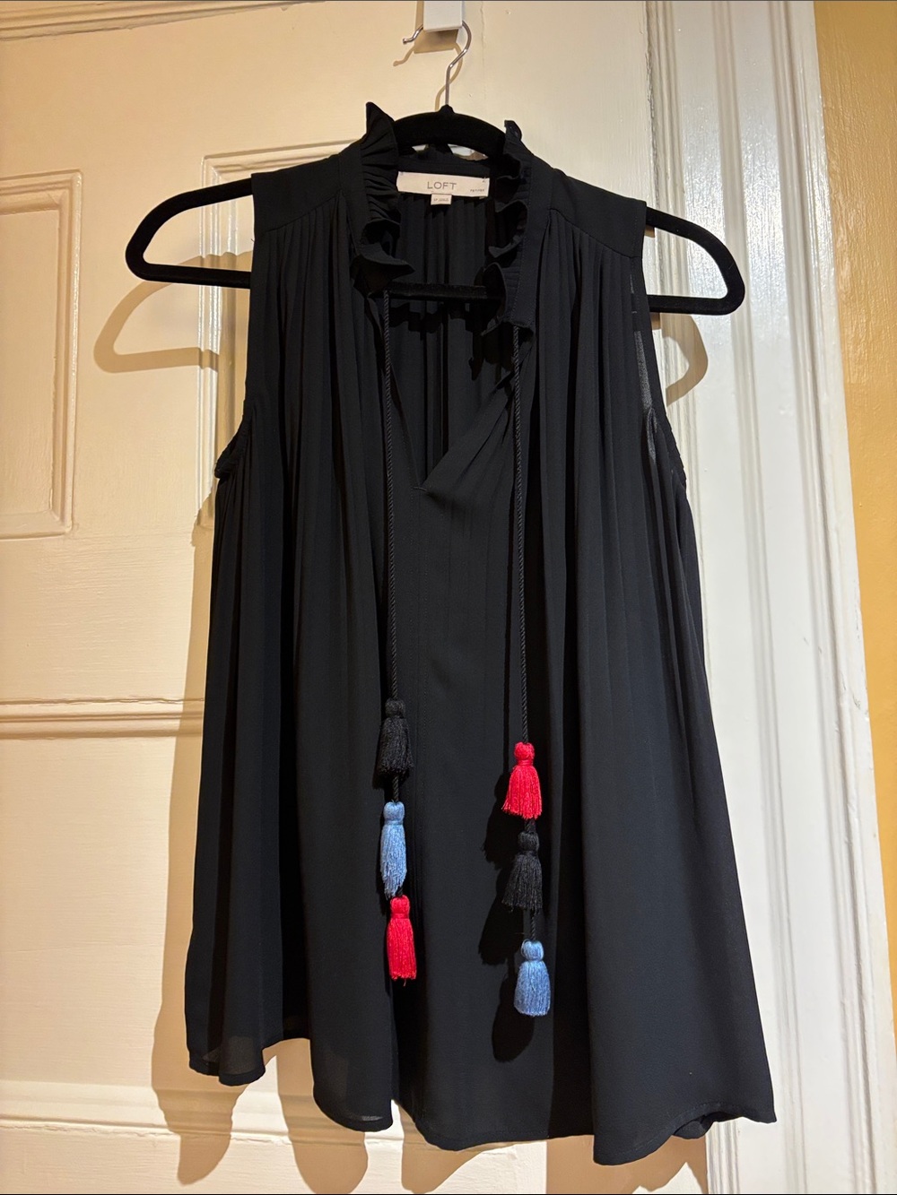 LOFT Black Sleeveless Ruffle Tie-Front Camisole with Colorful Tassels